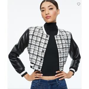 Alice + Olivia Off White/Black Camelia Cropped Combination Varsity Jacket Size L